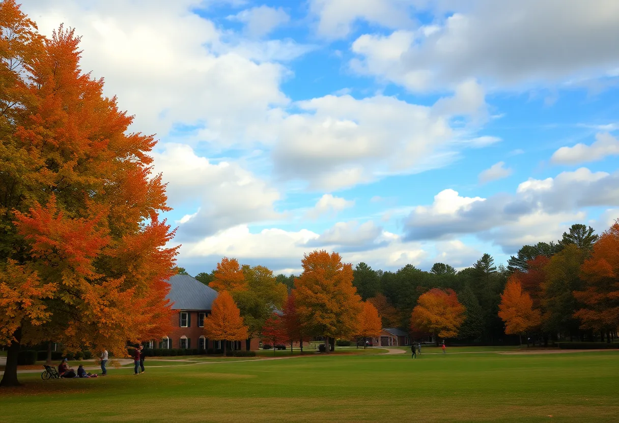 A sunny park in Newberry SC with colorful autumn leaves