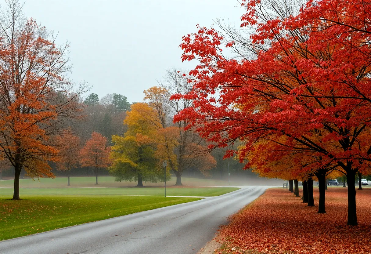 Overcast autumn day in Newberry, SC with trees and cool temperatures