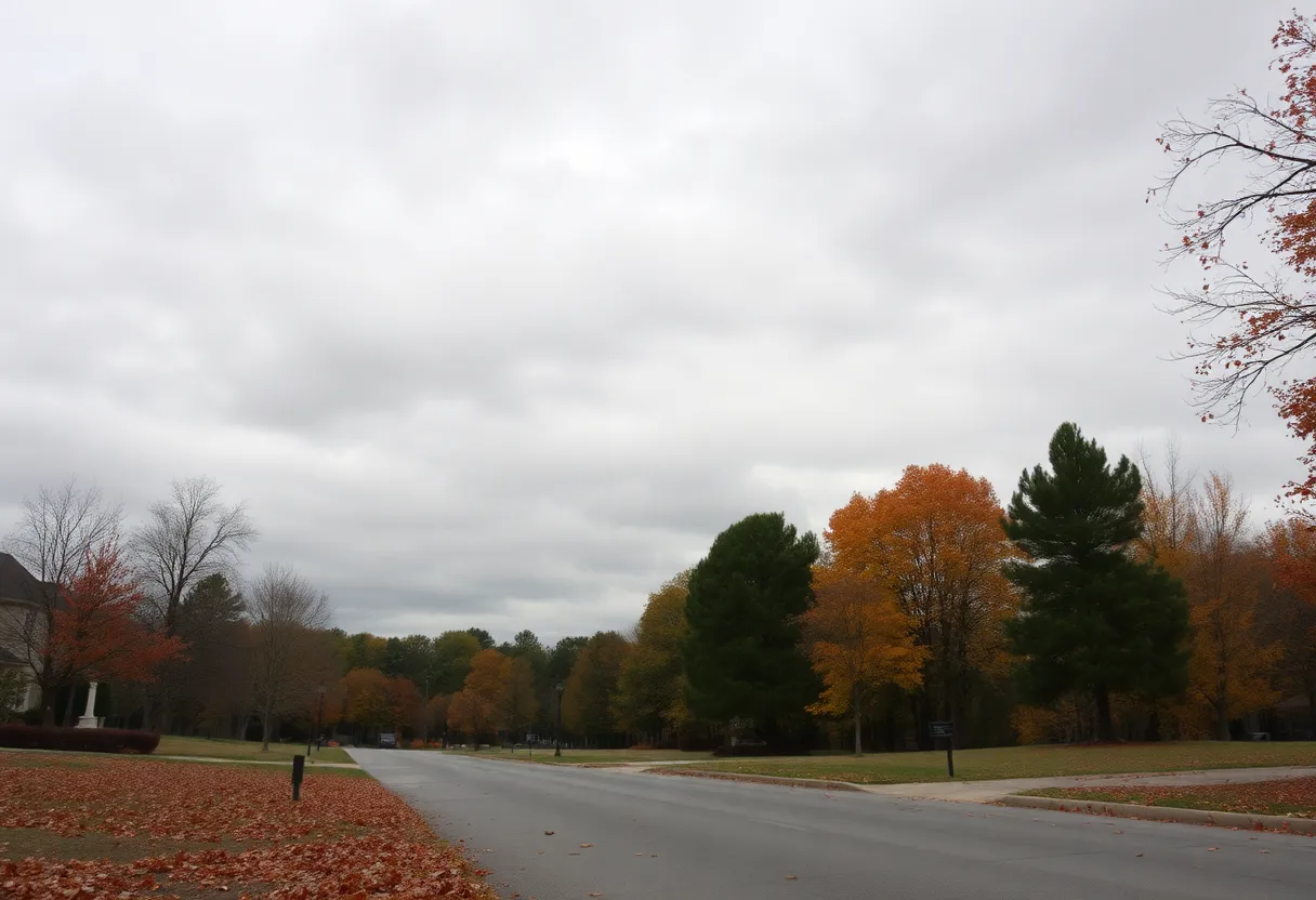 Overcast autumn day in Newberry, SC with colorful leaves