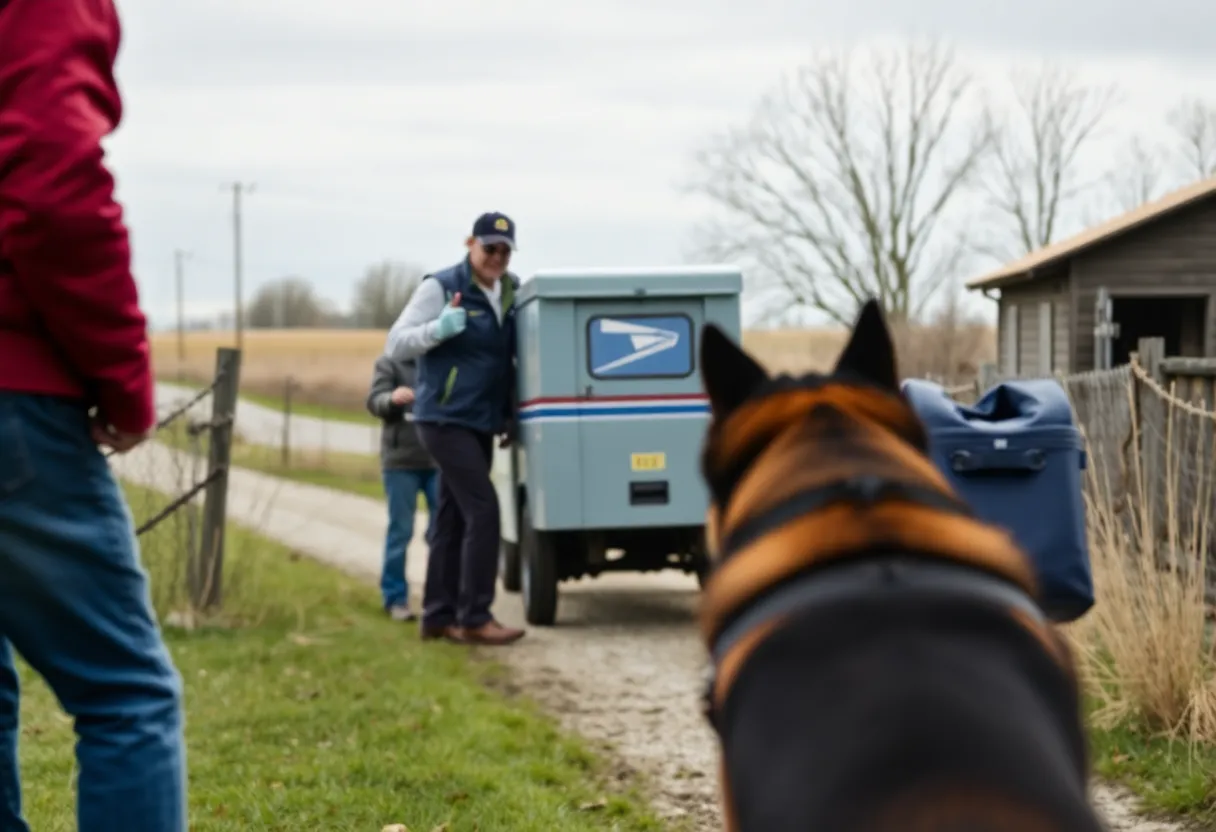 Mail carrier delivering packages in a rural area with an aggressive dog present.