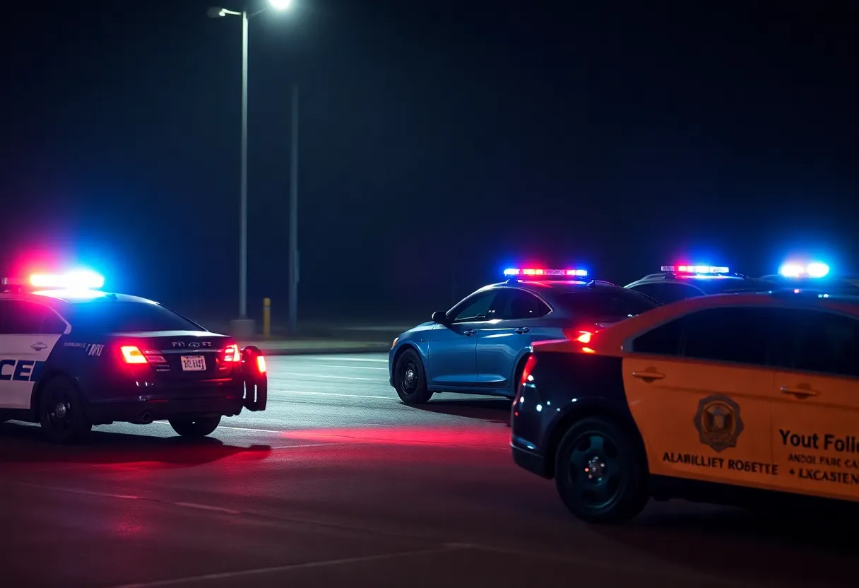 Police cars surround a suspicious vehicle during a standoff in Aiken, South Carolina.