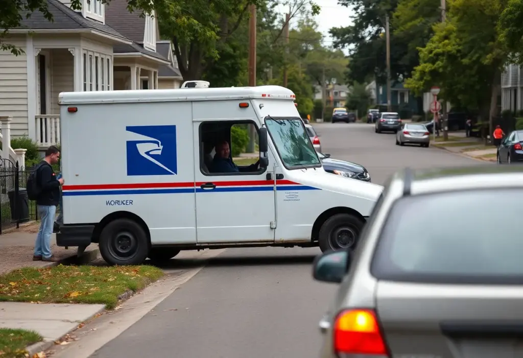 Community members gathering near a postal worker's truck following a dog attack incident.