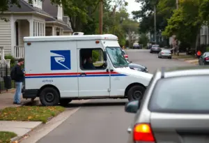 Community members gathering near a postal worker's truck following a dog attack incident.