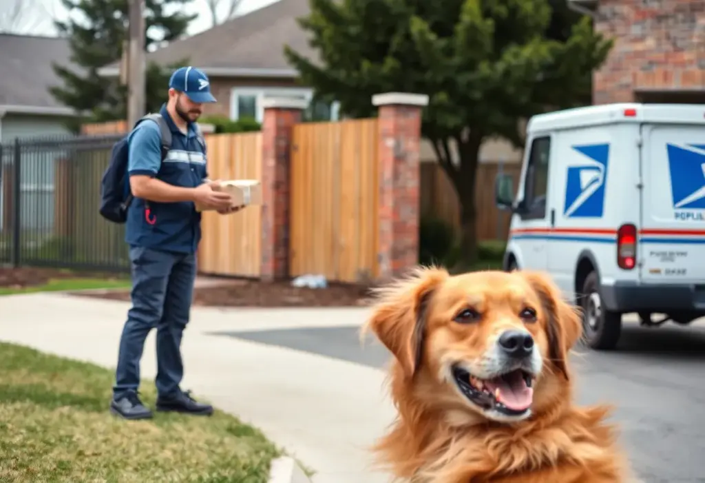 Postal worker delivering a package in a neighborhood, black and white dog nearby.