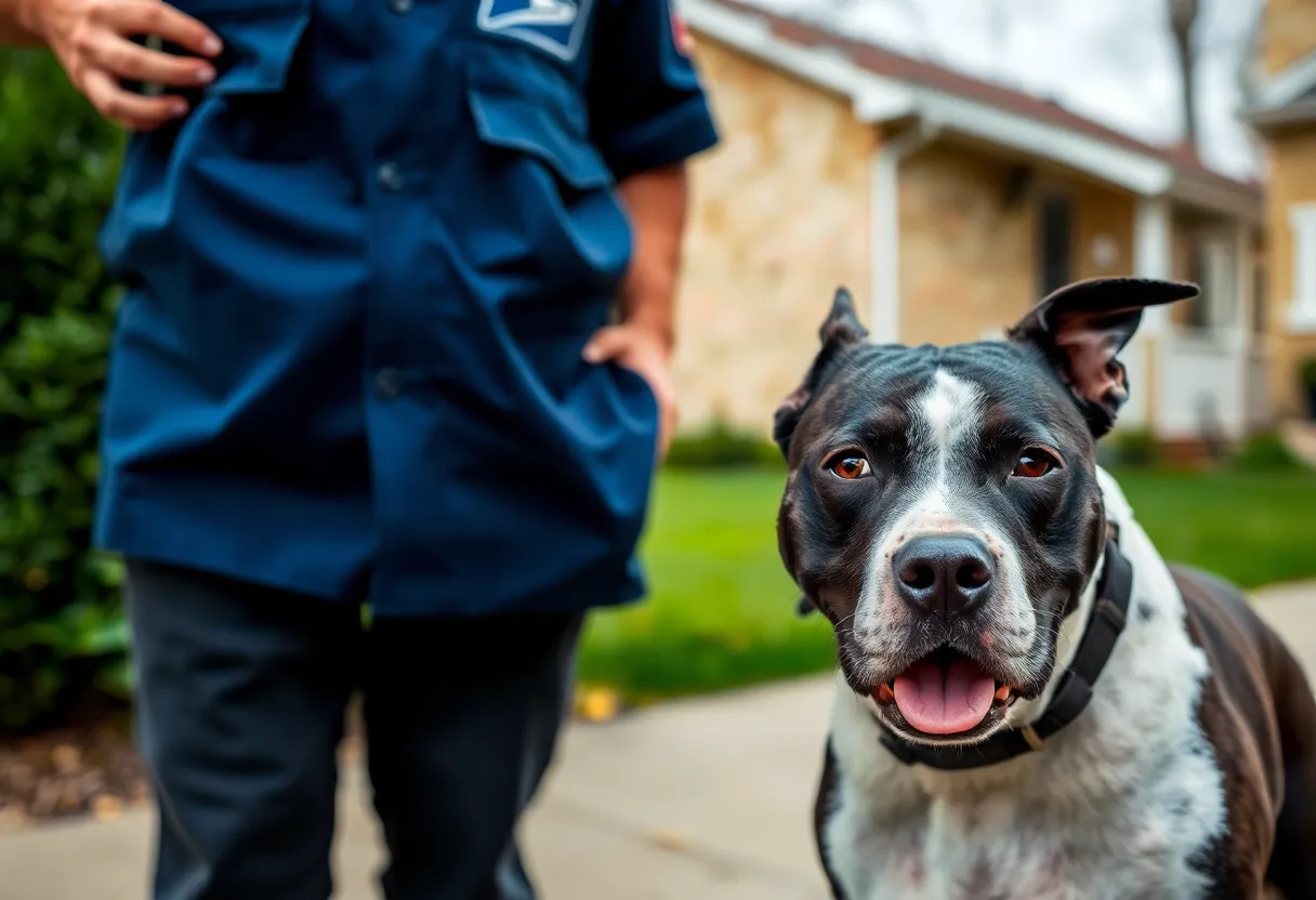 A postal worker's uniform with a black and white pit bull in a neighborhood