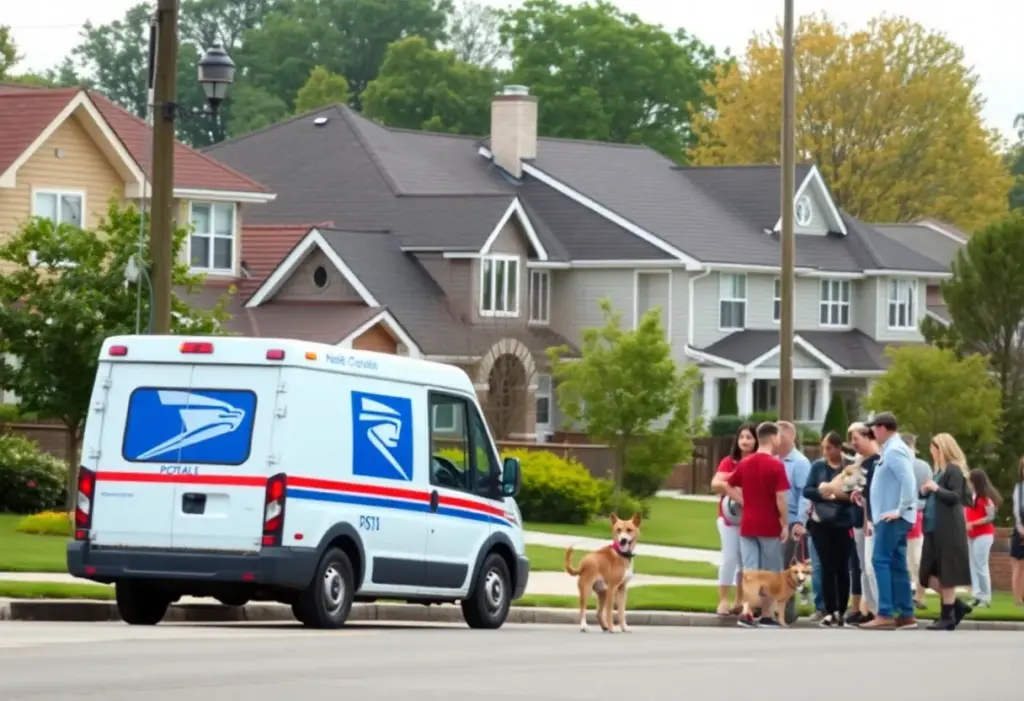 Neighborhood scene showing a postal truck and community members discussing safety after a dog attack.