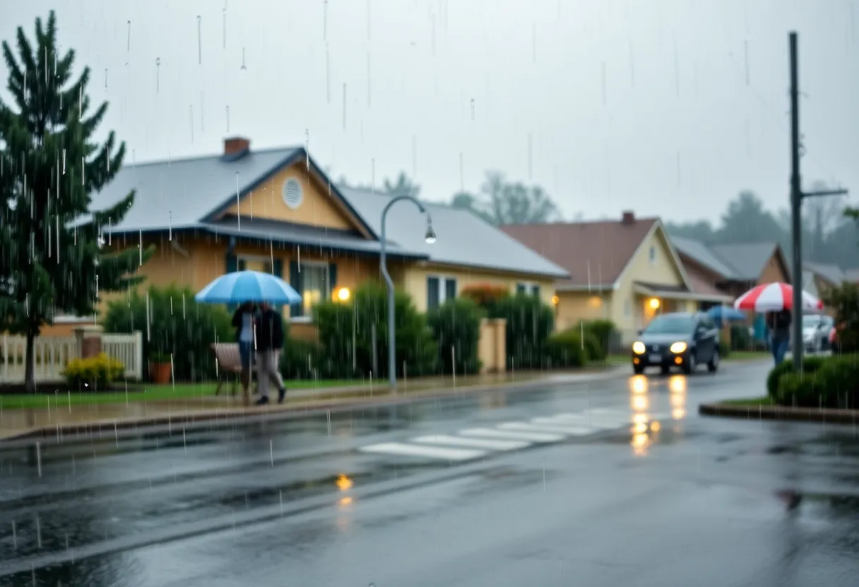 Heavy rain in Newberry streets, with people using umbrellas