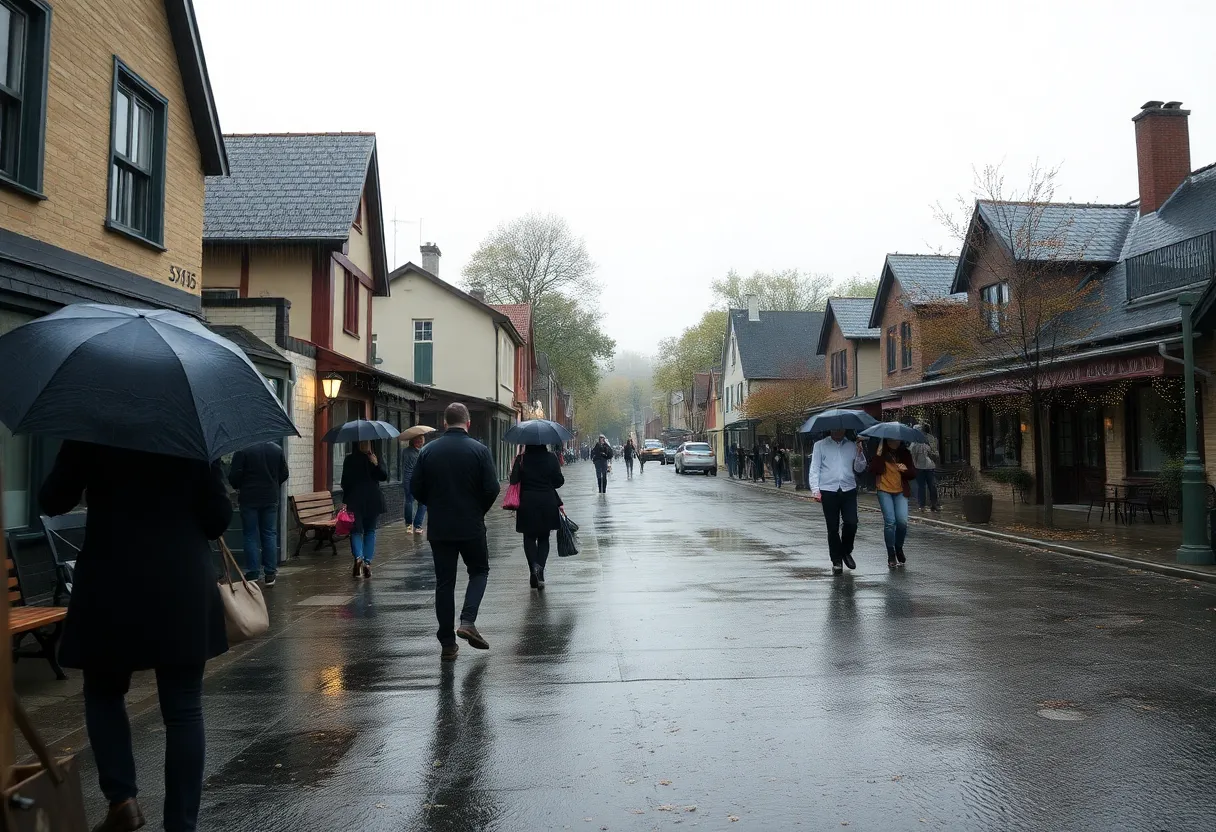 Overcast rainy day in Newberry with people using umbrellas