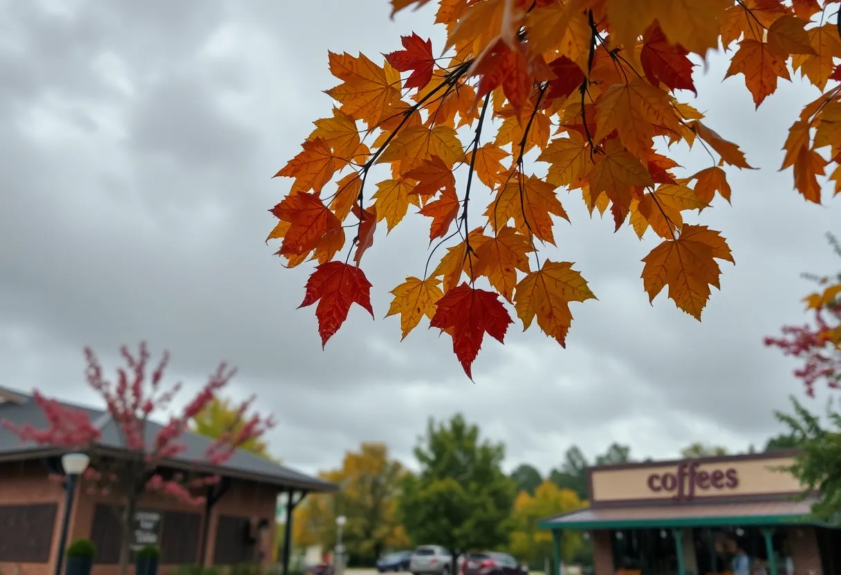 A rainy day in Newberry, SC with dark clouds and autumn leaves.