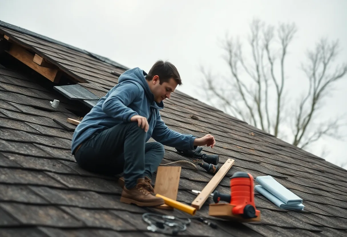 Person assessing roof damage with tools after a storm