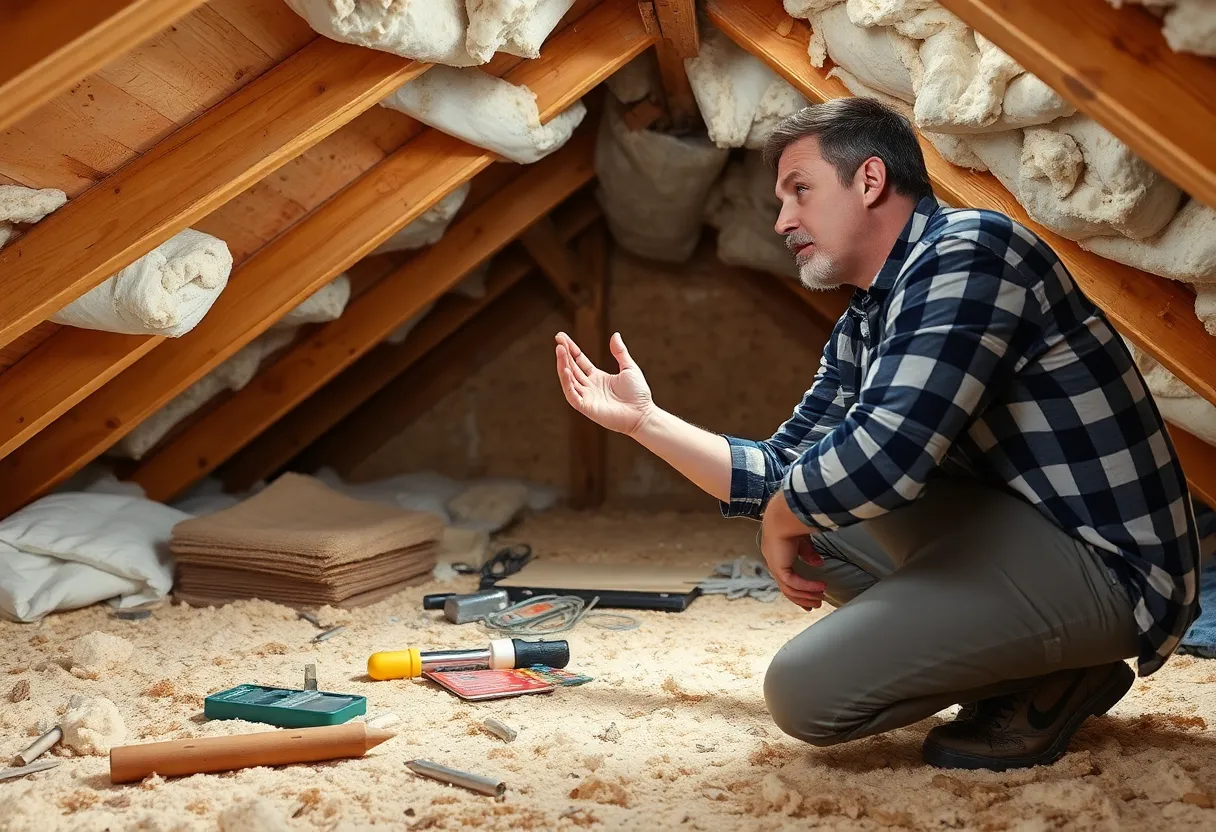 Homeowner diagnosing roof insulation issues in attic