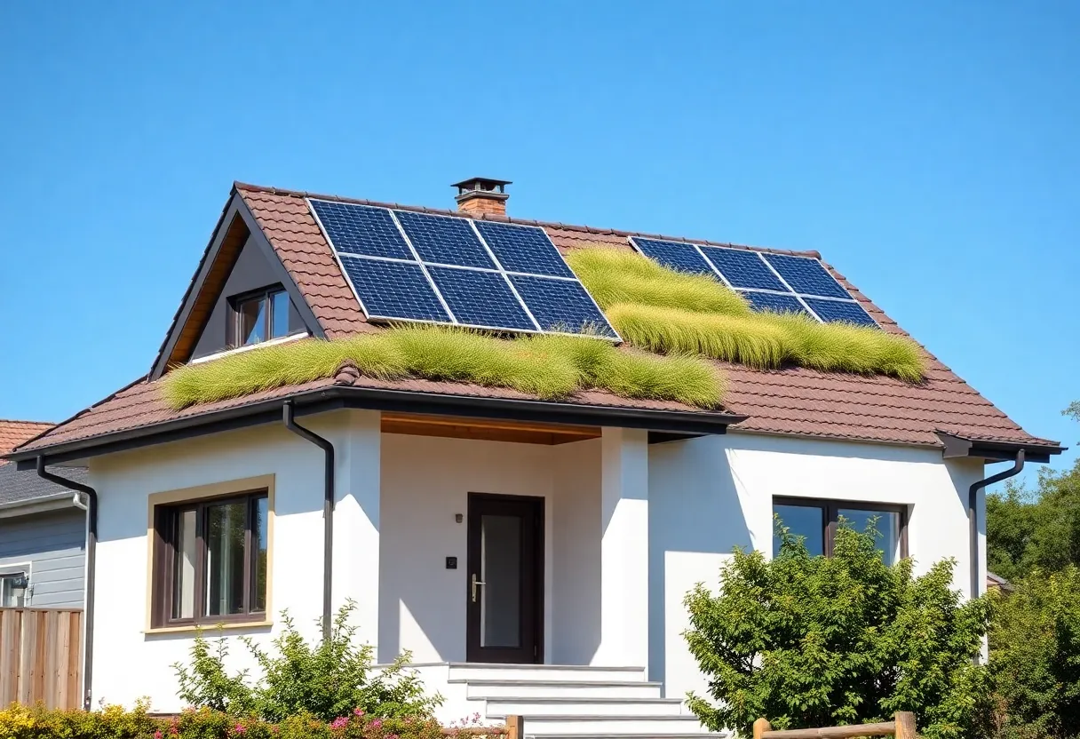 Modern house with innovative roof design featuring solar panels and green roof