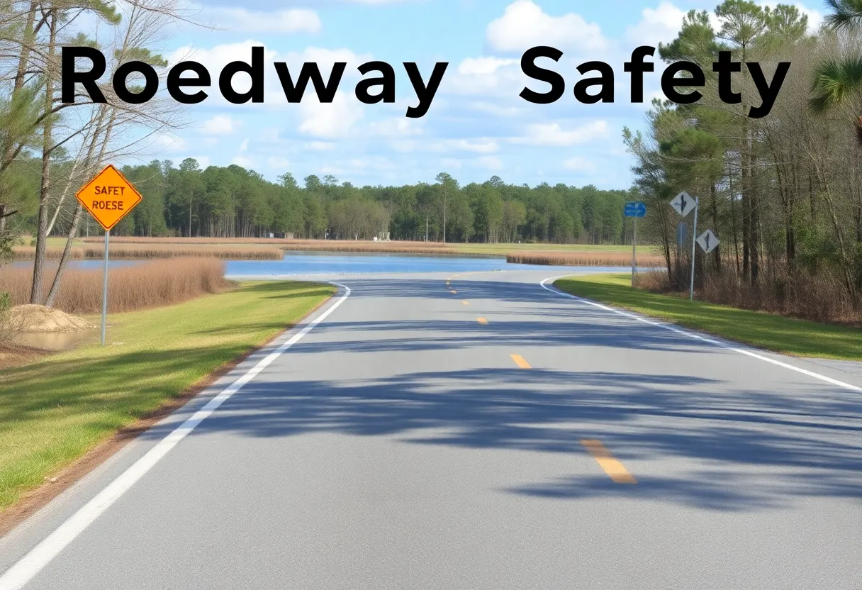 A calm road in South Carolina with a pond nearby, promoting safety awareness in driving.