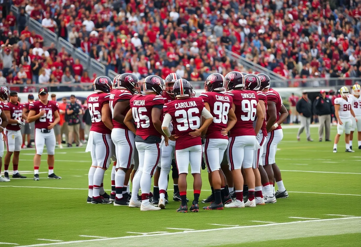 South Carolina football team in a huddle during a game