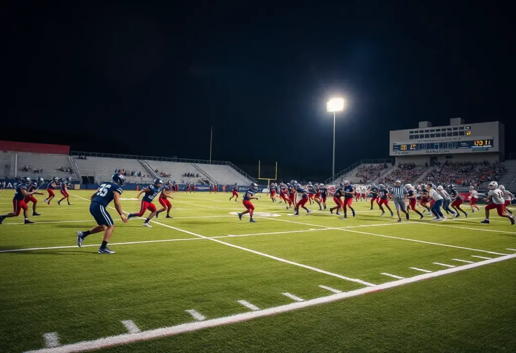 High school football teams playing under stadium lights