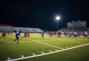 High school football teams playing under stadium lights