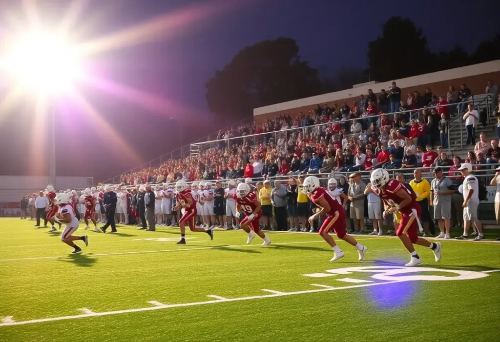 High school football players in action on the field with cheering fans in the background