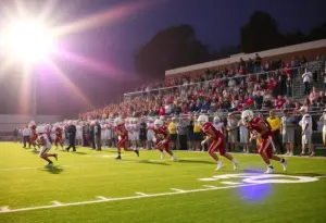 High school football players in action on the field with cheering fans in the background