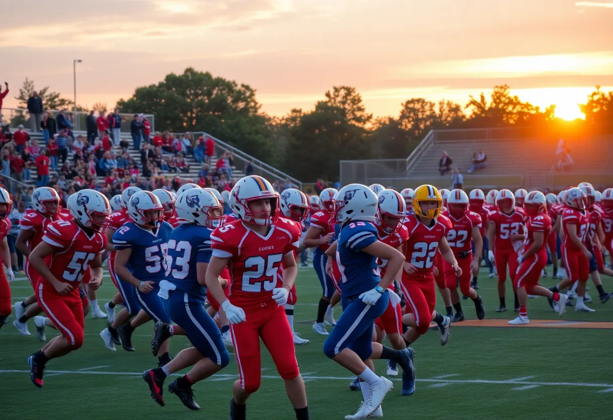 High school football players in action during a game in South Carolina.