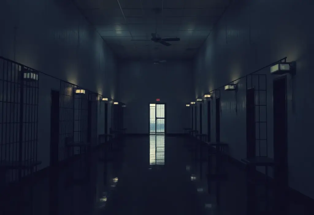 Interior view of a prison death row section, emphasizing solitude and reflection.