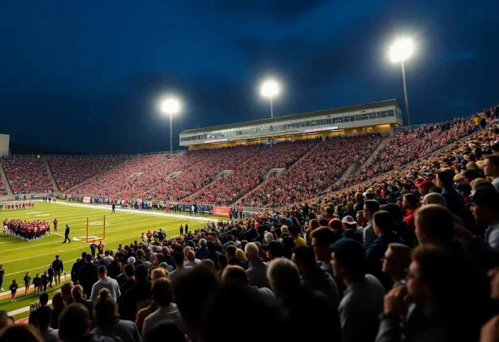 Crowd cheering at a high school football game under the stadium lights