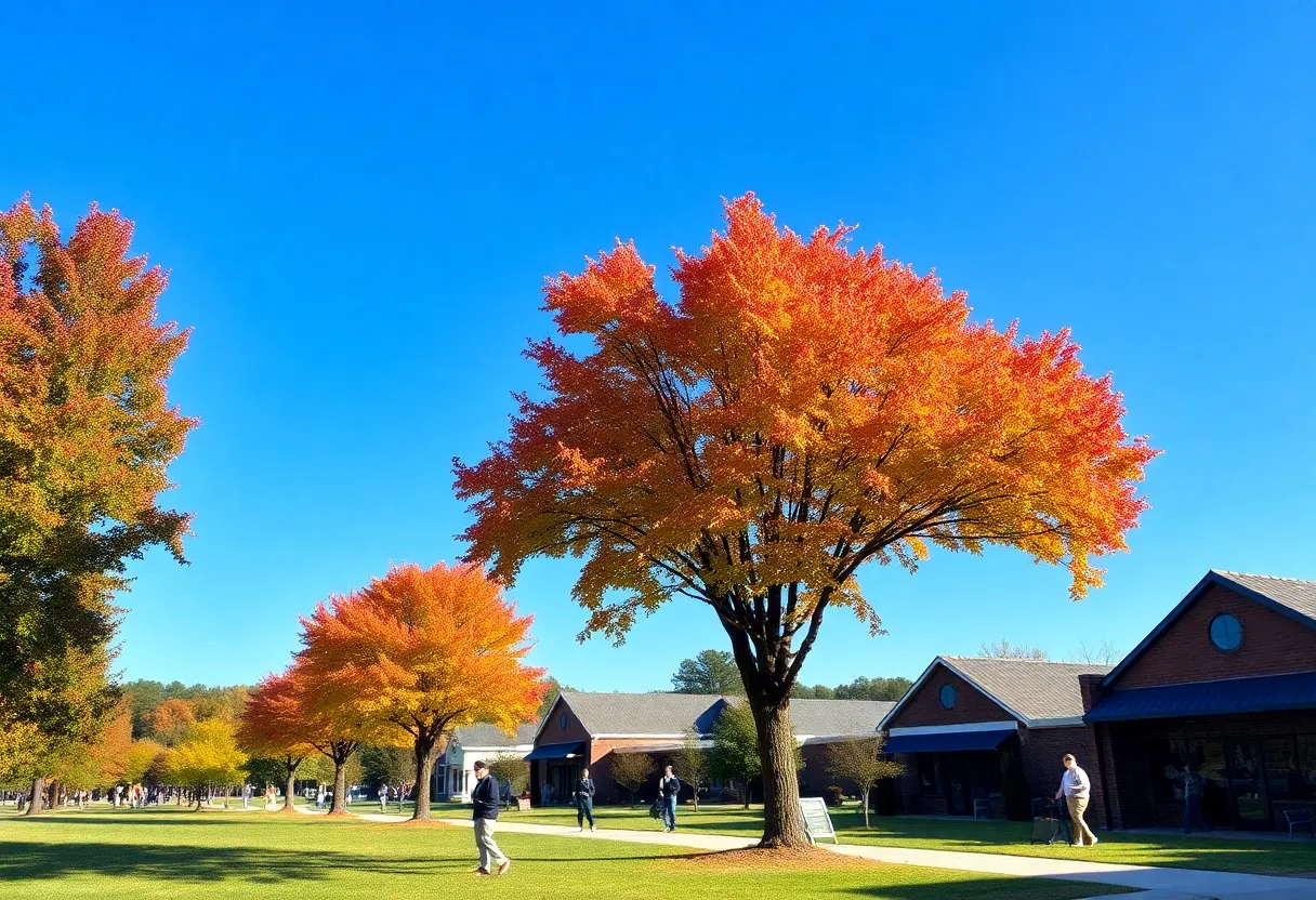 Bright sunny day in Newberry, SC with clear skies and colorful fall foliage.