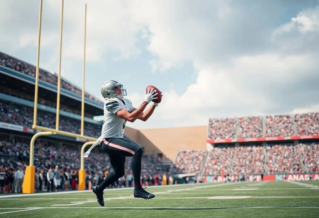 A tight end catching a football on the field.