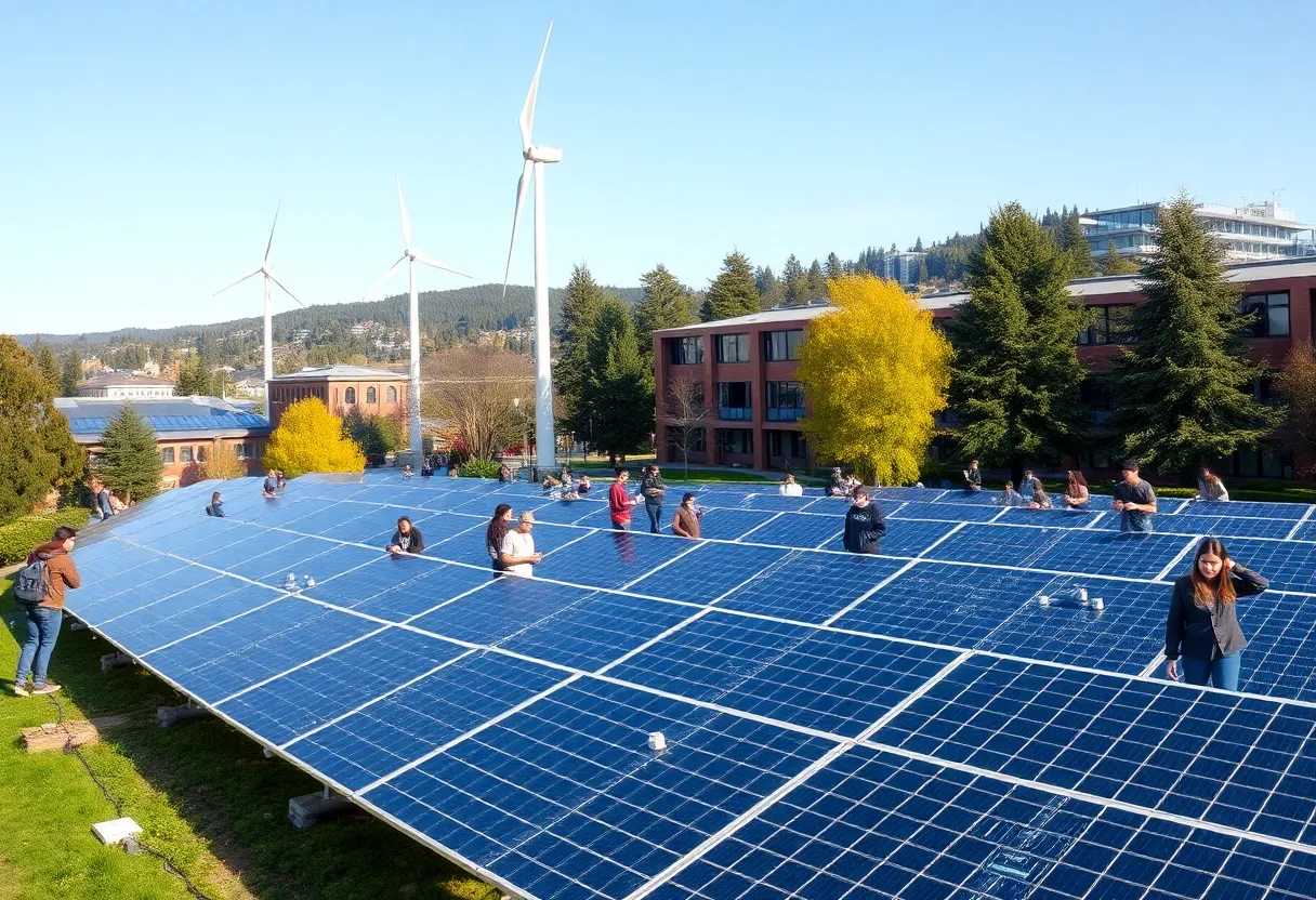UC Berkeley campus with solar panels and wind turbines
