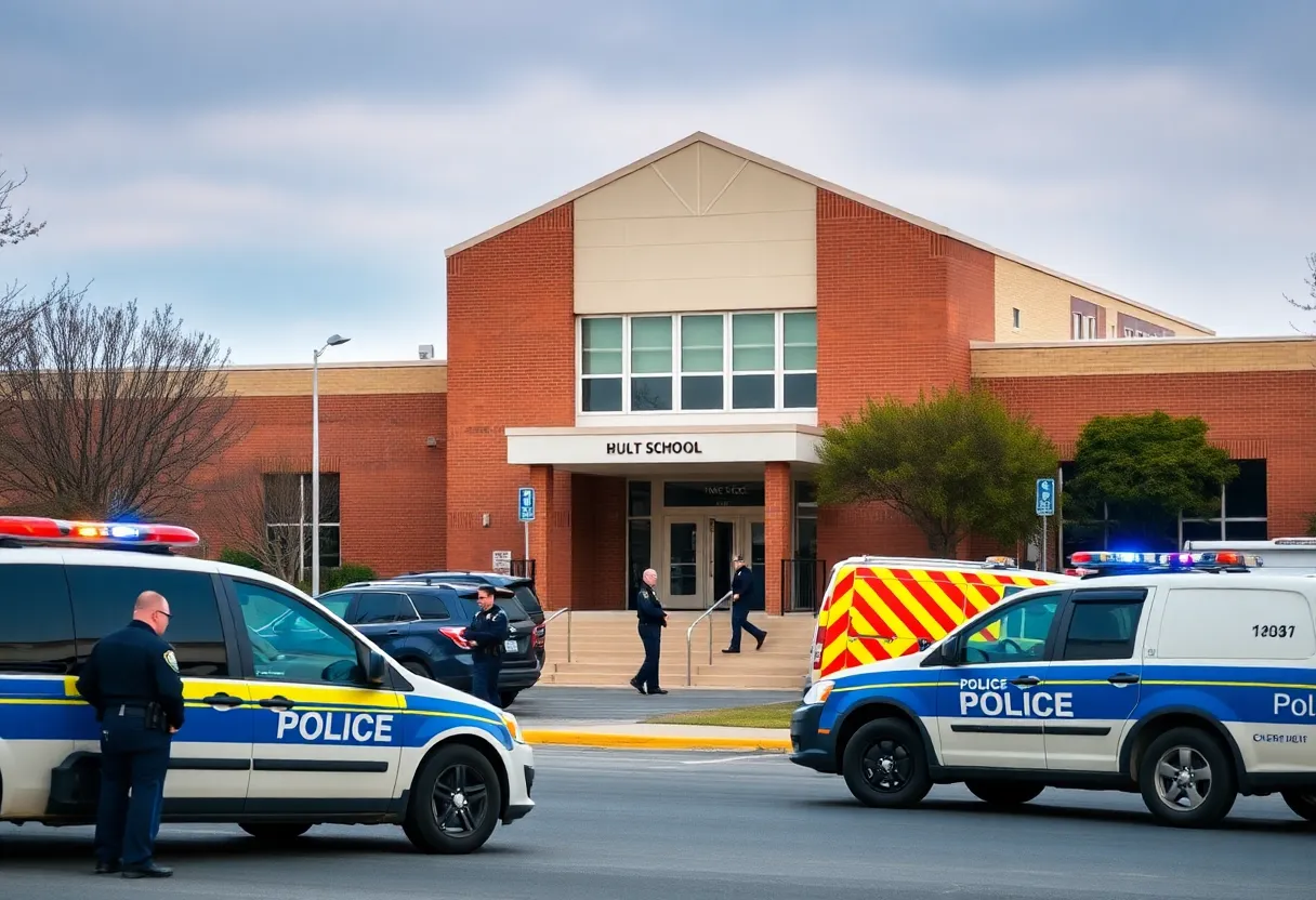 Police officers outside Whitmire Community School maintaining security