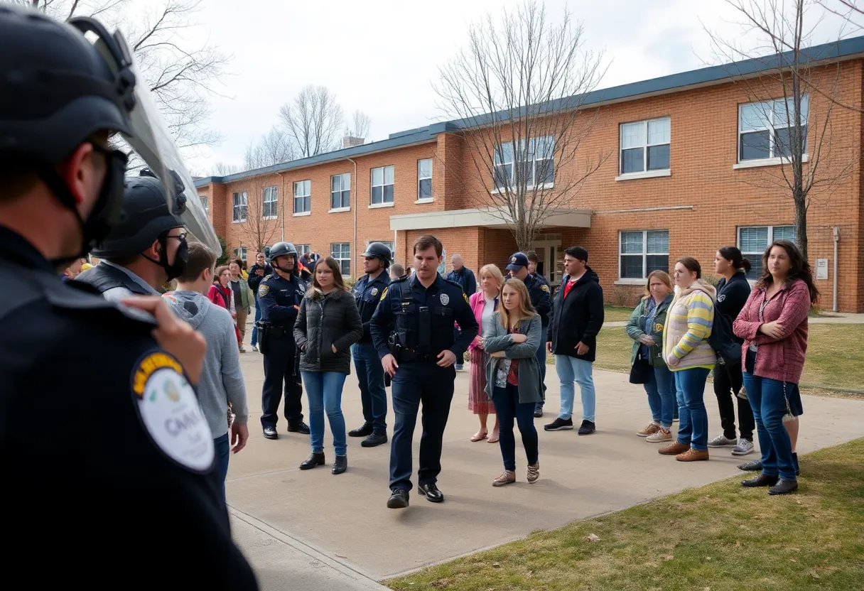 Police presence near Whitmire Community School signaling safety protocols.