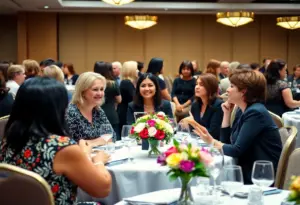 Women networking at a business luncheon with floral decorations.