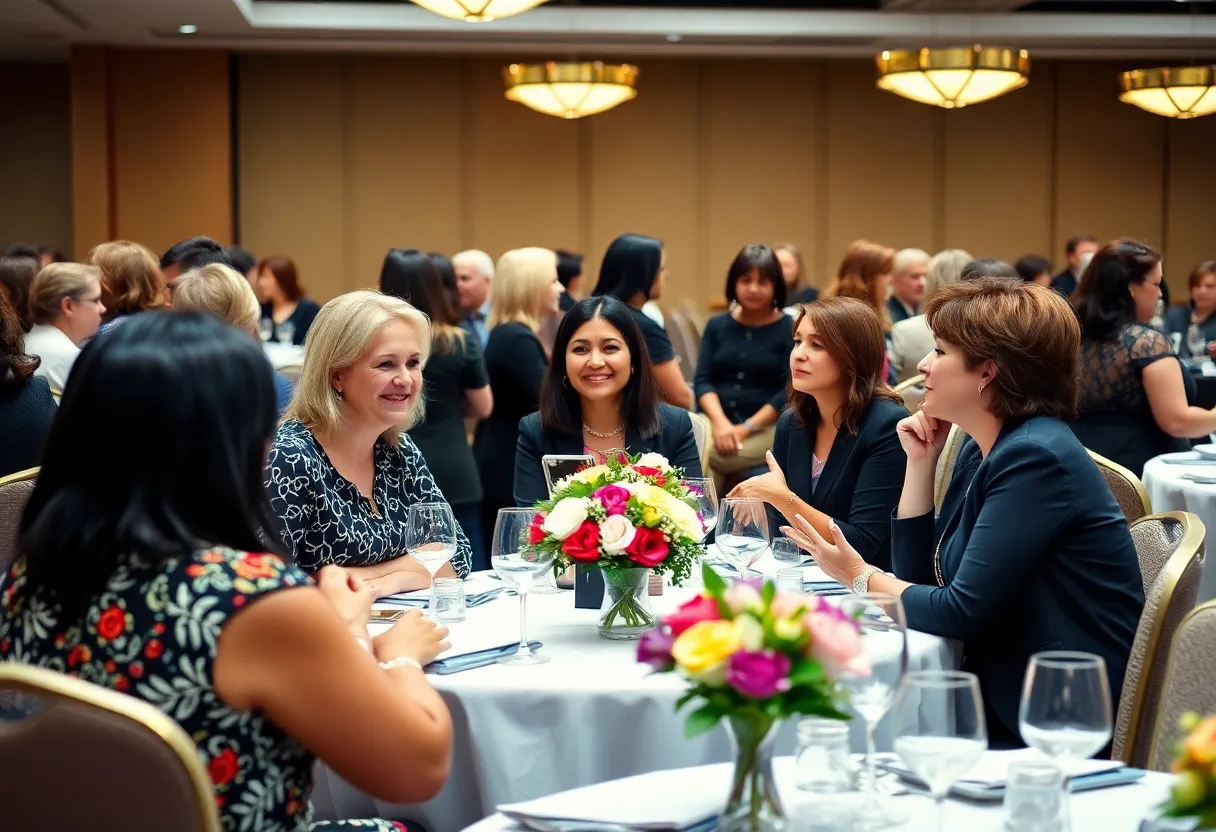 Women networking at a business luncheon with floral decorations.