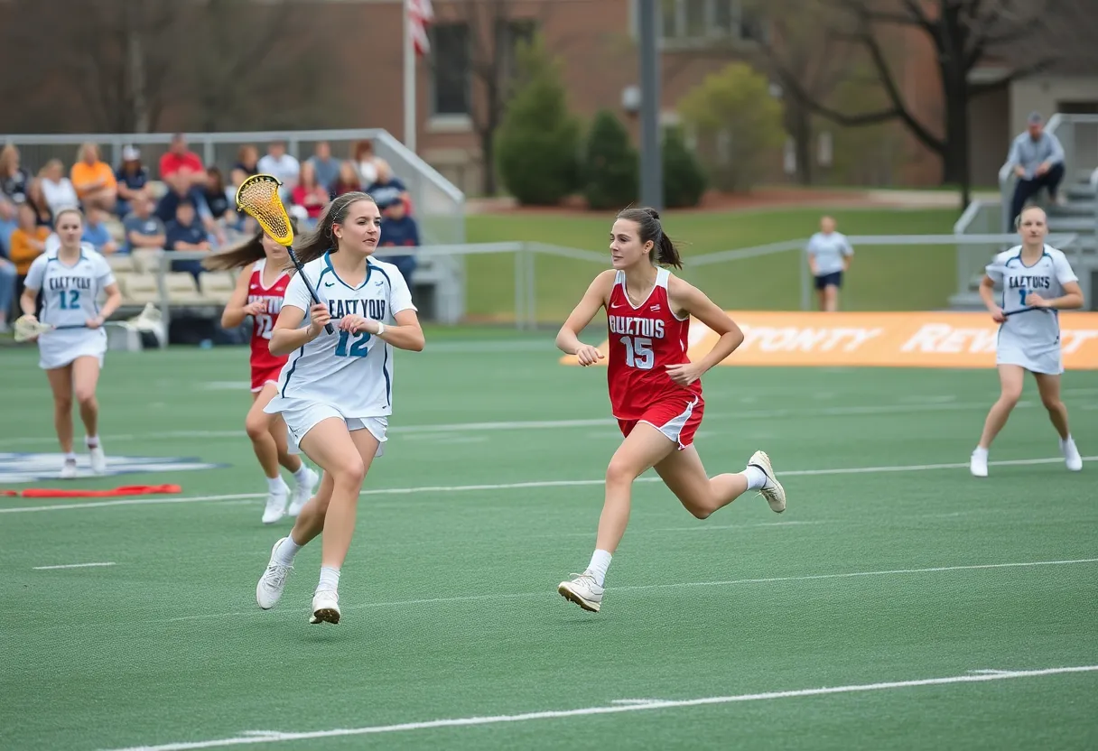 Women athletes playing lacrosse during a match