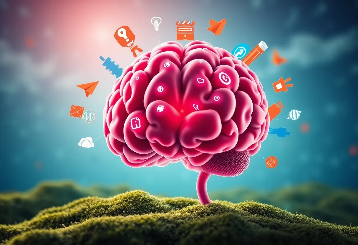 Illustration of a brain with marketing symbols around it, signifying neuromarketing.