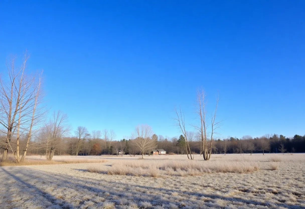 A picturesque November morning in Newberry, SC, with clear skies and frost on the ground.