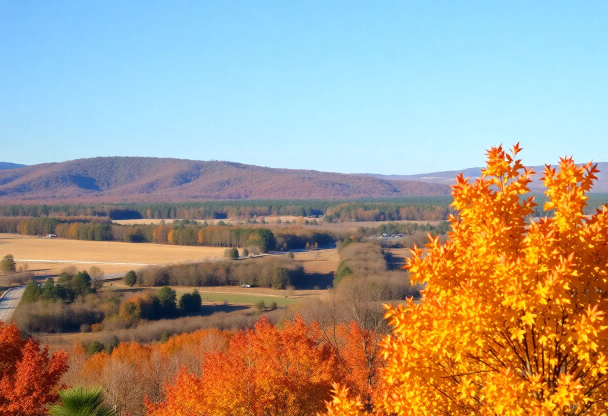 Scenic view of Newberry SC with clear skies and vibrant fall colors
