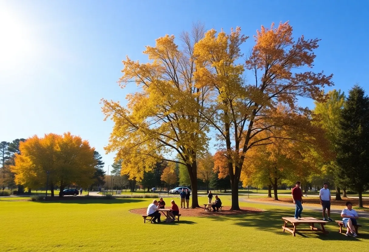 Clear skies and bright sunshine in Newberry, SC with people outdoors