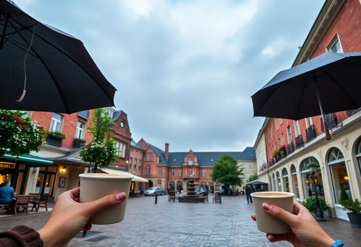 Rainy morning in Newberry SC with umbrellas
