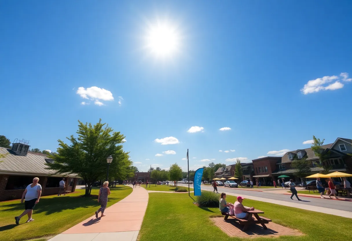 Clear skies and sunny day in Newberry, South Carolina with people outdoors.