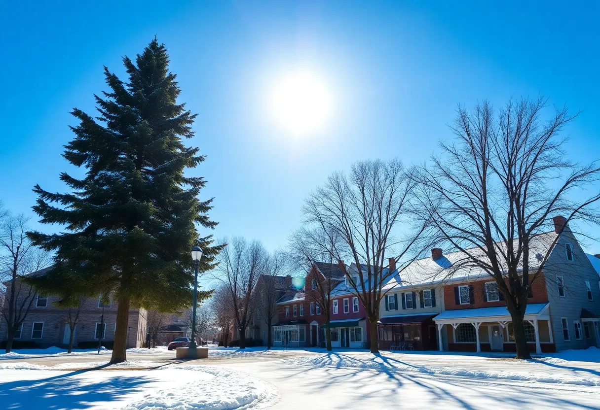 Clear blue sky over a small town in winter