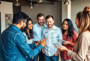 A diverse digital marketing team discussing social media trends.