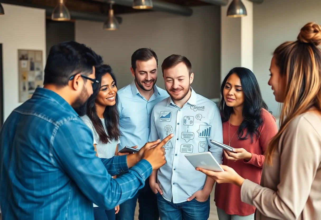 A diverse digital marketing team discussing social media trends.