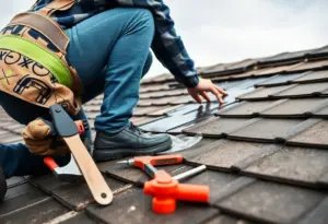 Homeowner repairing roof shingles with tools.