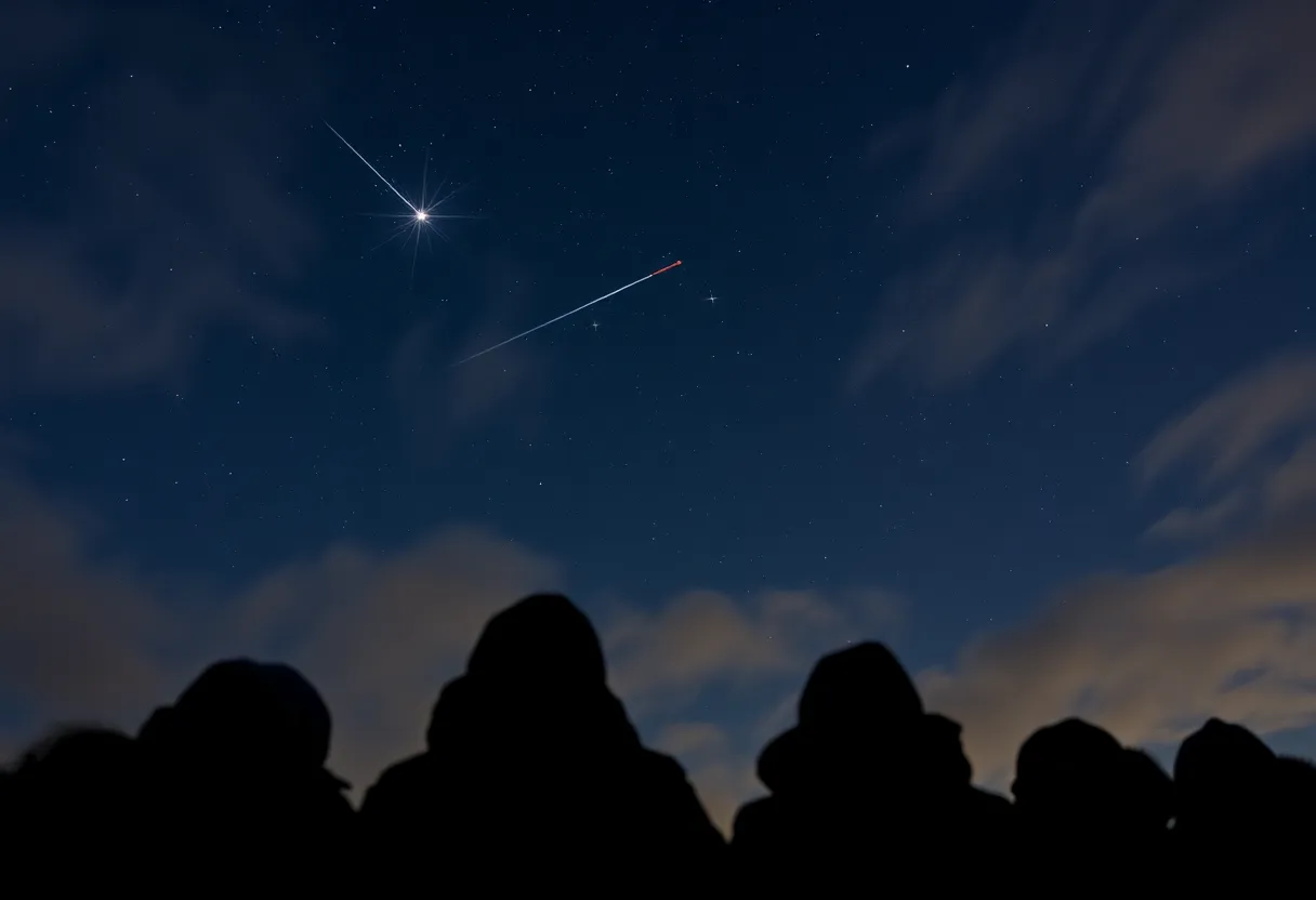 Group of people stargazing during the Geminid Meteor Shower in cold weather