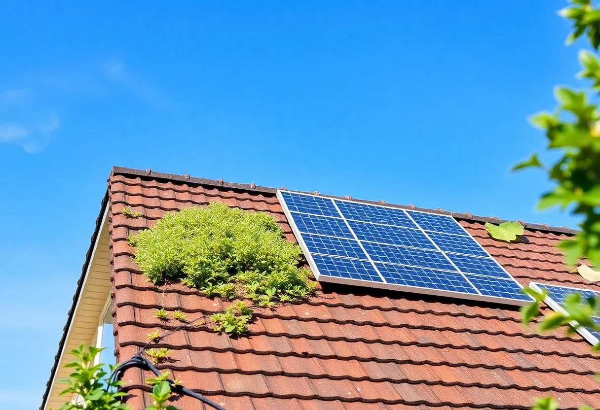 A modern roof featuring green roofing, solar panels, and reflective materials.