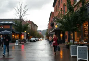 Newberry street scene with cloudy skies and people with umbrellas