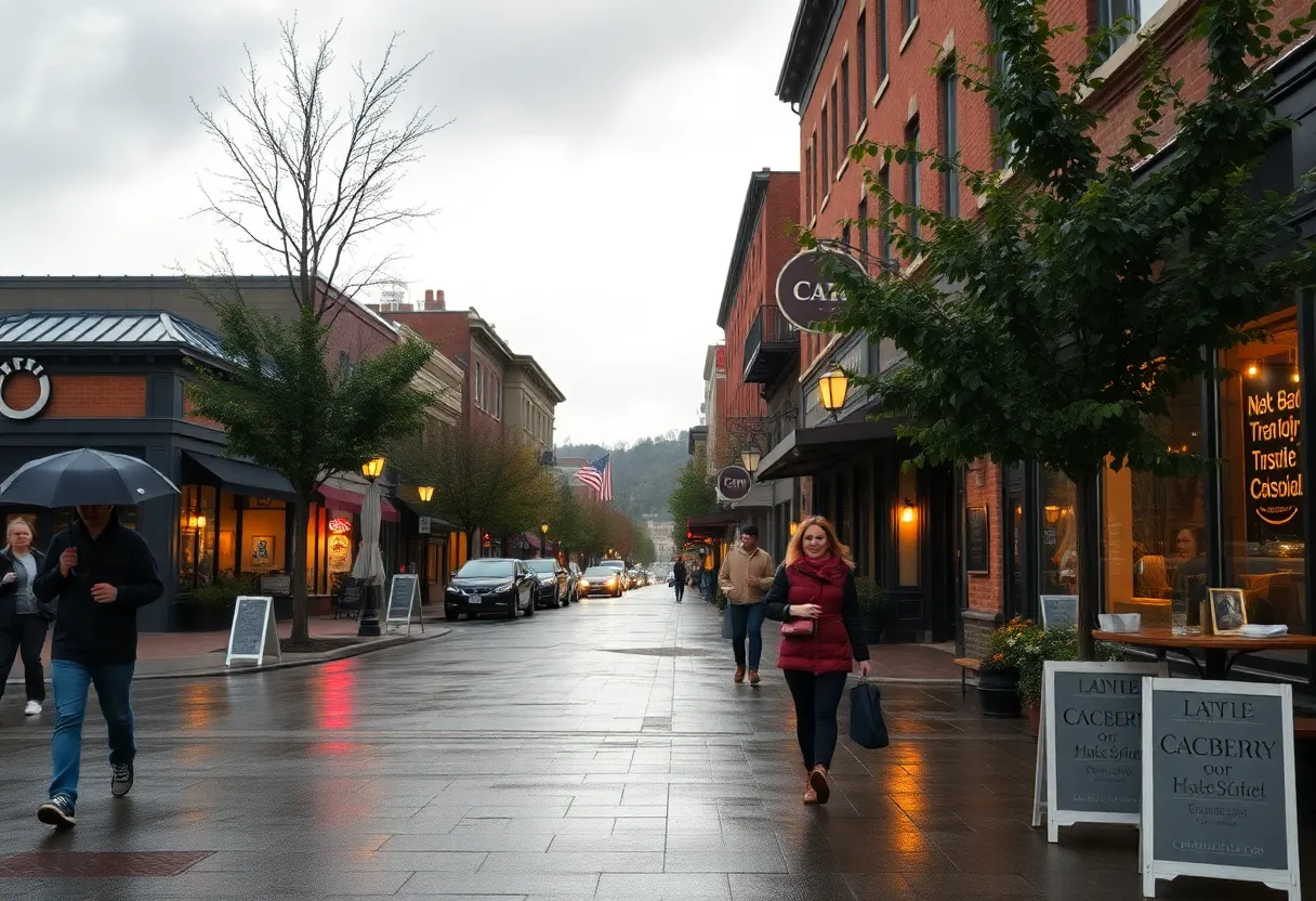 Newberry street scene with cloudy skies and people with umbrellas