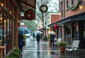 A rainy day in Newberry, SC with holiday decorations