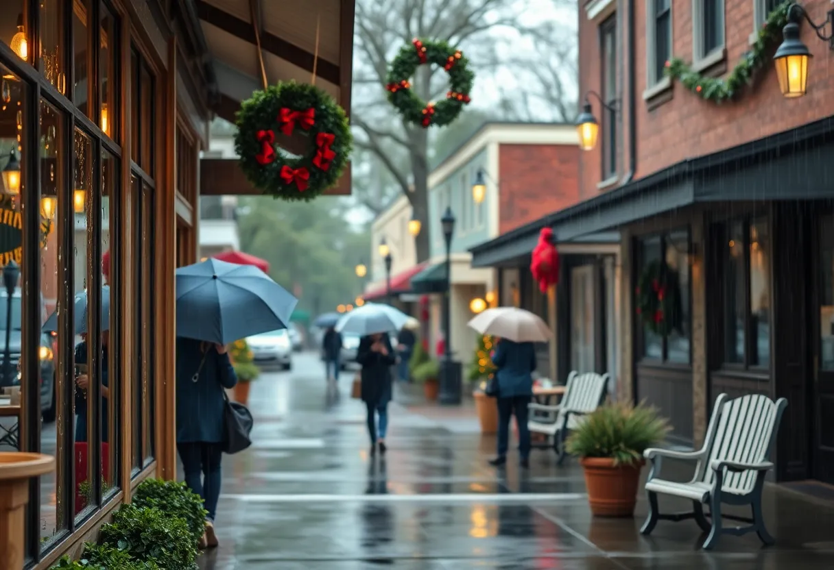 A rainy day in Newberry, SC with holiday decorations
