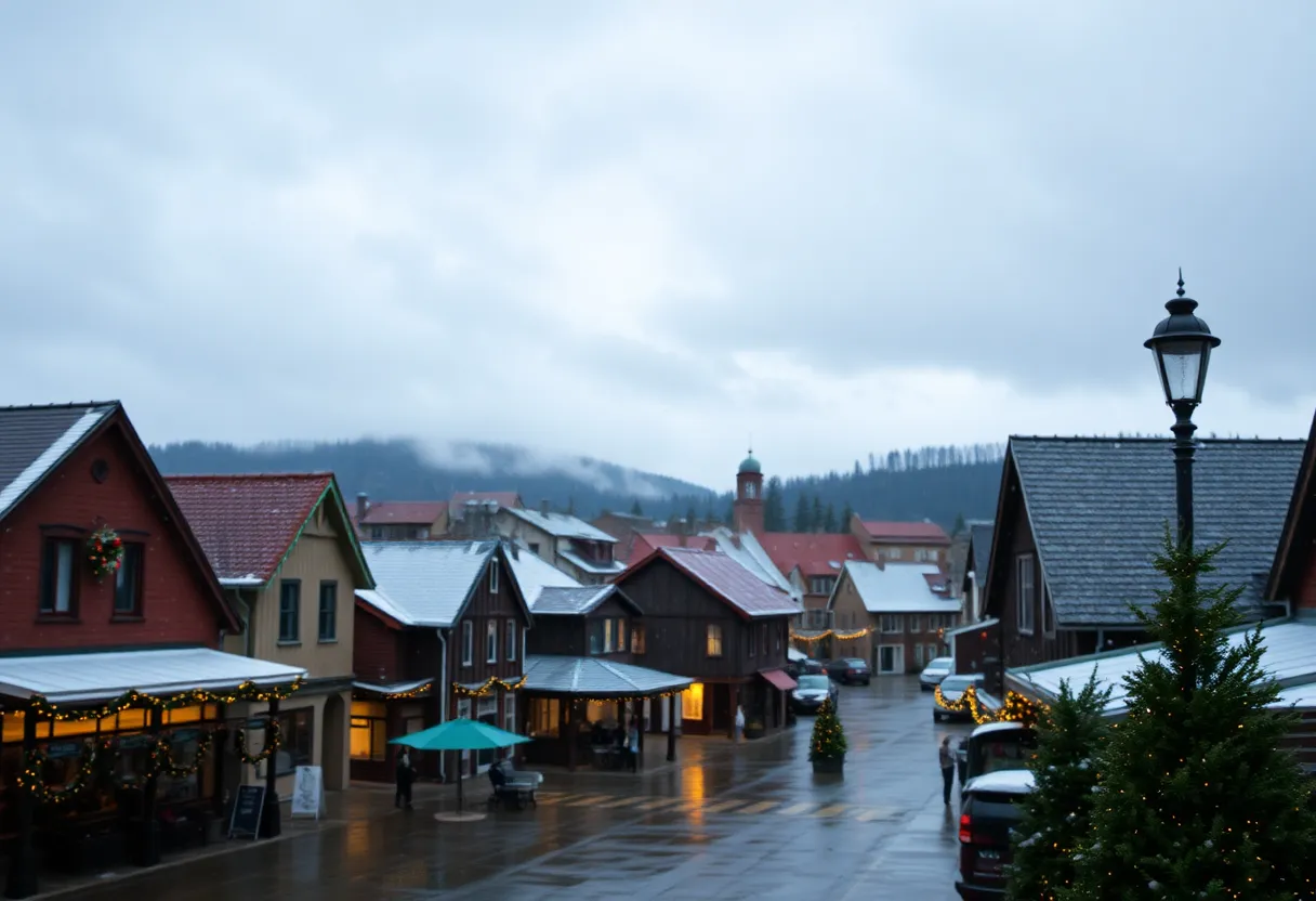 Light rain in Newberry SC with festive decorations in view